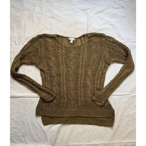 Garnet Hill Sweater Top Olive Green Linen Blend Cable Knit Beachy Lagenlook Sz M